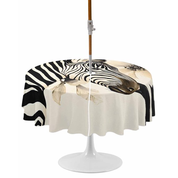 Floral Zebra Round Outdoor Tablecloth, Waterproof Table Cloth Cover with Umbrella Hole and Zipper, Black Stripes Flowers Plant Spring Botanical Table Protector for Patio Party Picnic 54" Round