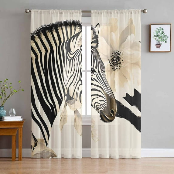 Floral Zebra Semi Sheer Curtains 72 Inch Length 2 Panels Set,Black Stripes Flowers Plant Spring Botanical Sheer Kitchen Curtain Privacy Voile Window Curtain for Living Room Bedroom Rod Pocket Drapes