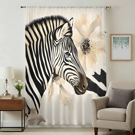 Floral Zebra Sheer Curtains 96 Inches Long, Black Stripes Flowers Plant Spring Botanical Light Filering Curtains, Privacy Drapes Simi Floor to Veiling Curtain for Living Room Large Window Treatment