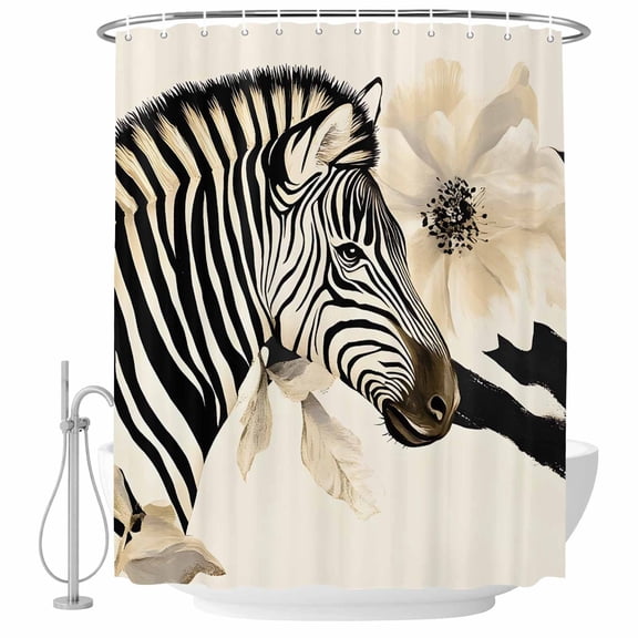 Floral Zebra Shower Curtain Set - Standard 72" x 72" Washable Bathtub Curtain with 12 Hooks, Black Stripes Flowers Plant Spring Botanical Waterproof Fabric Stall Shower Curtains for Bathroom Décor