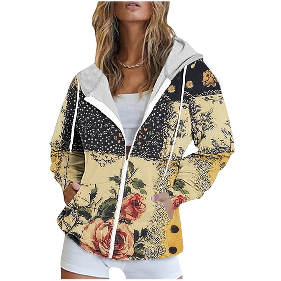 Floral Zip Up Hoodies for Women Oversized Casual Fall Jacket with Pocket Long Sleeve Hooded Y2k Sweatshirts, L Yellow