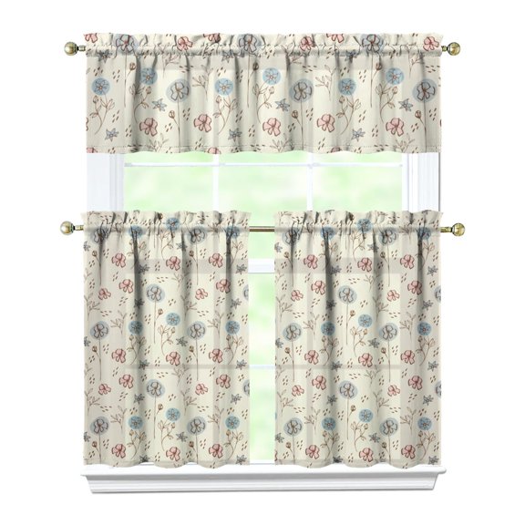 Floral and Bee Art Farmhouse Kitchen Curtains 3-Piece Set Semi-Sheer