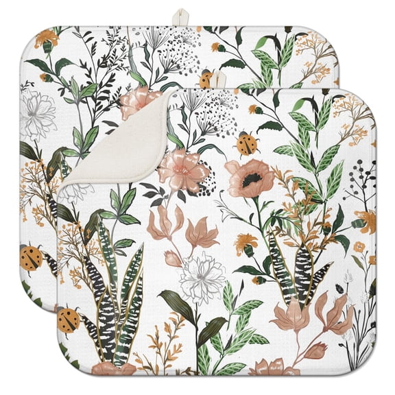 Floral and Bee Artwork Coffee Mat – Absorbent Microfiber Spill Mat with Vintage Botanical Design, Foldable Dish Drying Pad for Home Kitchens