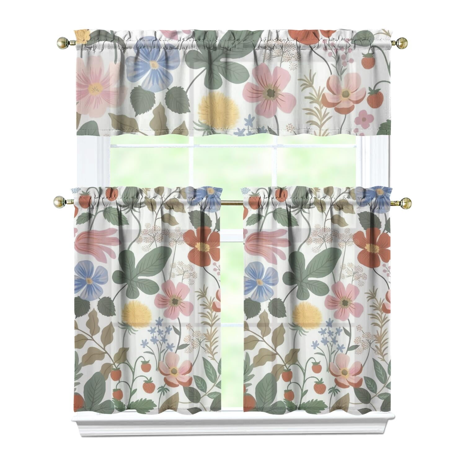 Floral and Bee Artwork Kitchen Curtains 3-Piece - Aesthetic Garden ...