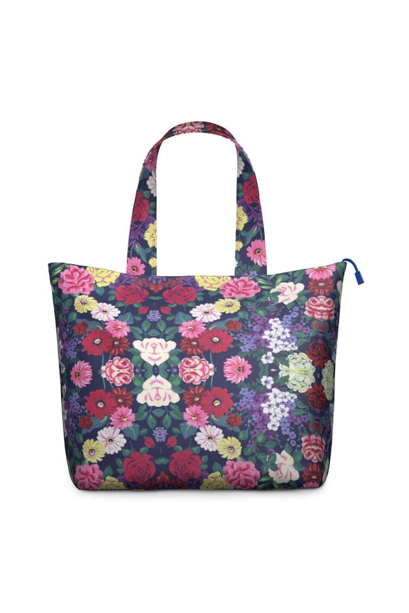 Floral and Bee Artwork Travel Tote Bag, Spacious Zippered Shoulder Bag with Multiple Pockets, Ideal for Moms on the Go