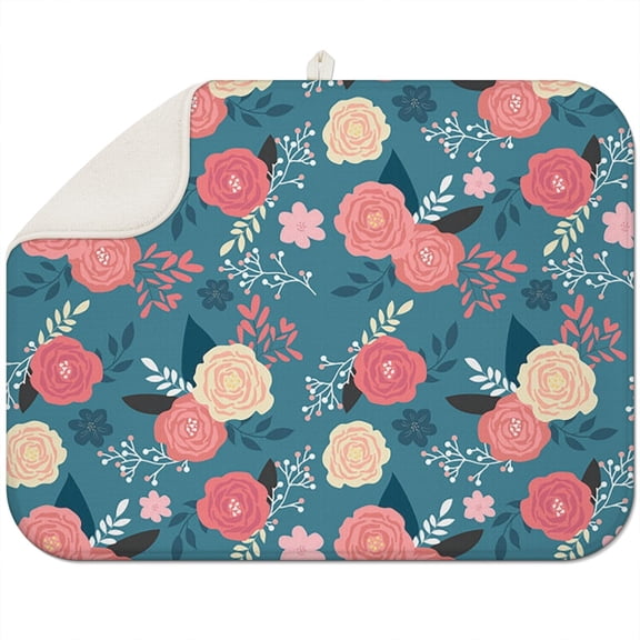 Floral and Bee Coffee Mat – Reversible Microfiber Spill Mat, Scratch Protection Dish Drying Pad for Home Kitchens