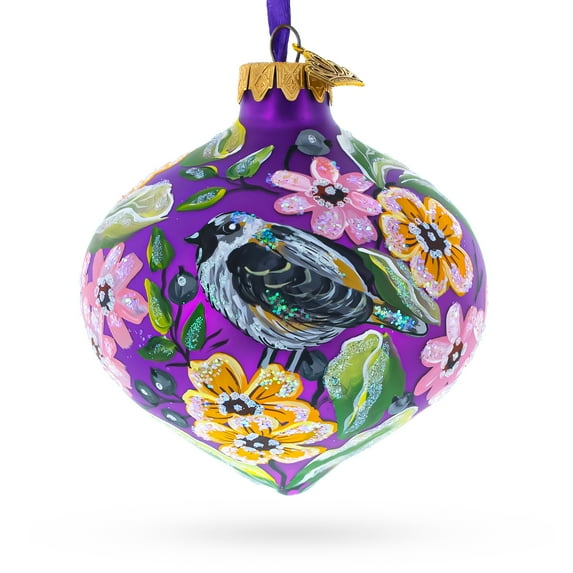 Songbird and Blossoms Onion-Shape Finial Glass Christmas Ornament
