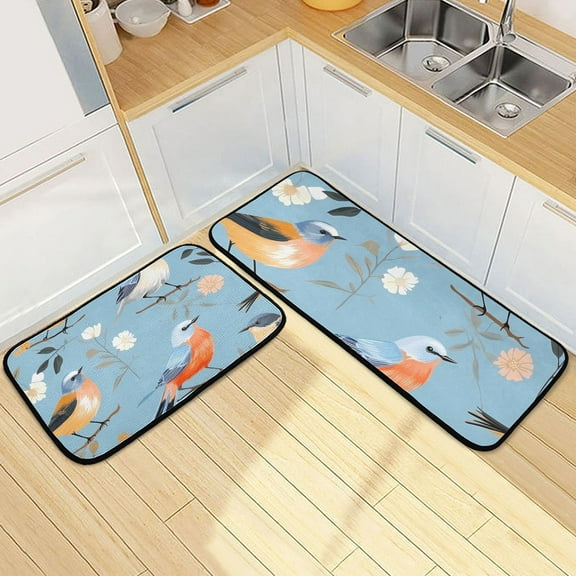 Floral and Birds Kitchen Rugs Set of 2 Non Slip Floor Foam Mat Cushioned Soft Waterproof Carpet Runner for Dining Room Laundry