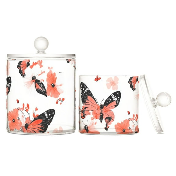 Floral and Butterfly Design Translucent Plastic Cotton Swabs Canisters Large Medium Set