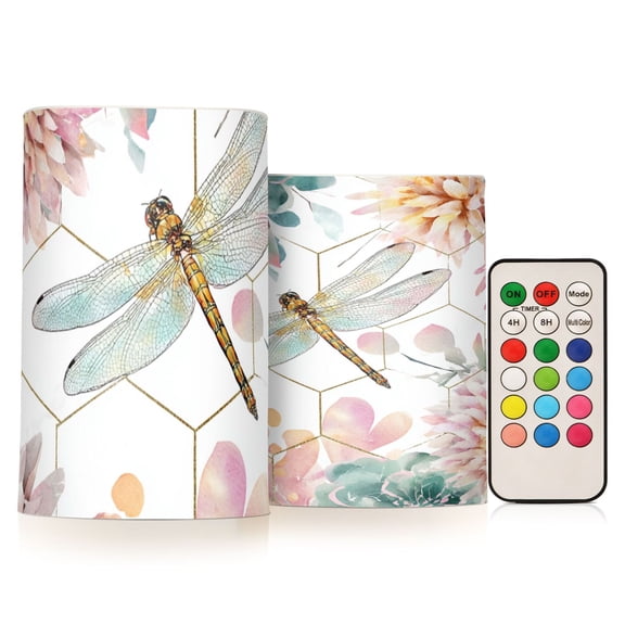 Floral and Geometric Flickering Flameless Candles Battery Operated with Remote Timer LED Pillar Candles Set of 2