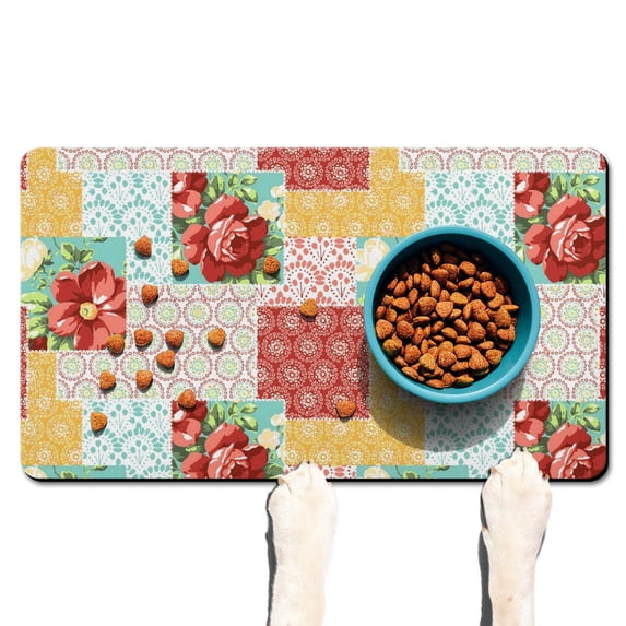 Floral and Hummingbird Dog Bowl Mat - Non-Slip Pet Feeding Mat with Vintage Aesthetic, Durable & Eco-Friendly