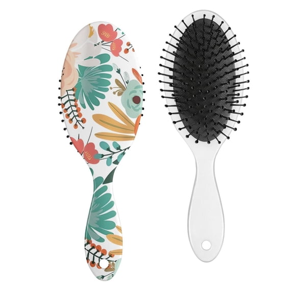 Floral and Hummingbird Illustration Hair Brush, Rustic Farmhouse Style Detangler with Botanical Garden Print