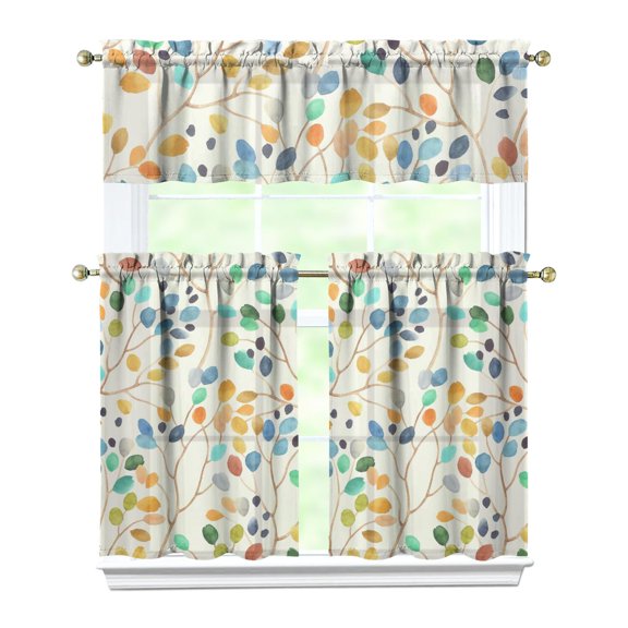 Floral and Hummingbird Kitchen Curtains Set of 3 with Valance and Tier Panels