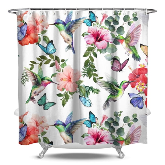Floral and Hummingbird Shower Curtain, Nature Inspired Bathroom Decor 84x72 Inch Waterproof Polyester with Metal Grommets