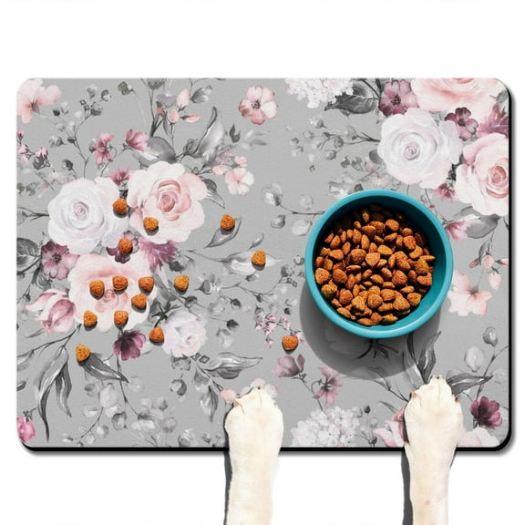 Floral and Hummingbird Small Dog Bowl Mat - Vintage Aesthetic Pet Food Mat, Durable & Easy Clean