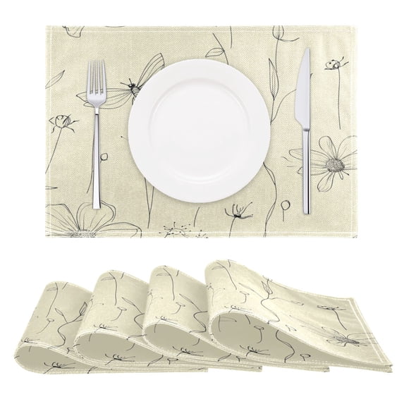 Floral and Insect Pattern Reversible Placemat Non Slip Coffee Mat 18x12 Inch for Dining, Kitchen, Coffee