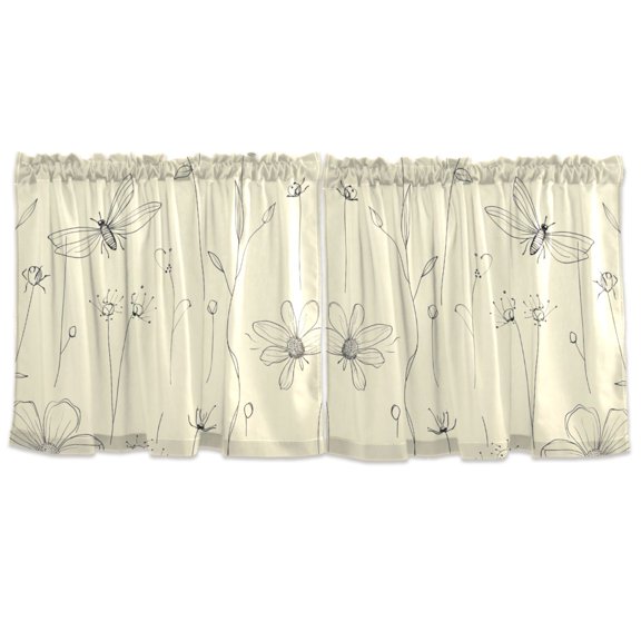 Floral and Insect Pattern Tier Curtains for Kitchen 57x36 Inch Semi Sheer Light Filtering Half Window Curtains 2 Panels