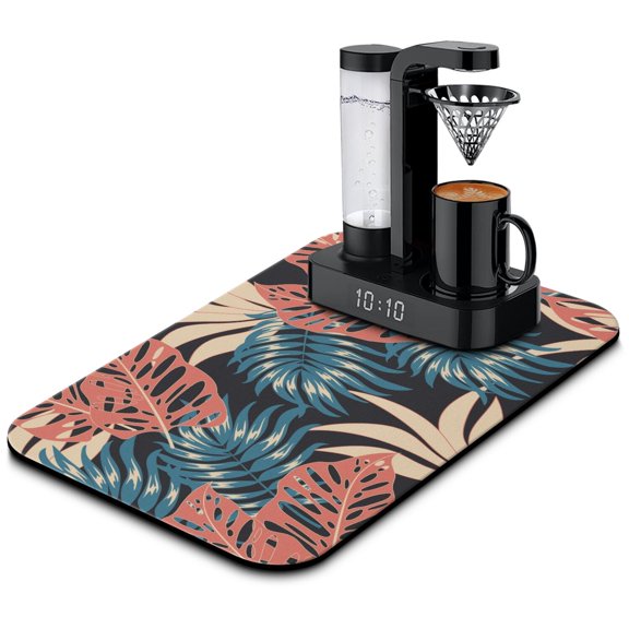 Floral and Leafy Kitchen Mat, Absorbent Diatom Mud Drying Pad with Tropical Palm Design, Non-Slip Coffee Mat for Beach Vacation Decor