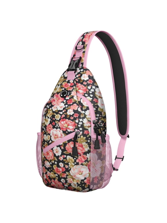 Floral and Leopard Print Chest Bag Boho Sling Backpack with Anti-Theft Pockets, Mesh Sides Travel-Ready Pack for Women, Men, Outdoor Adventures
