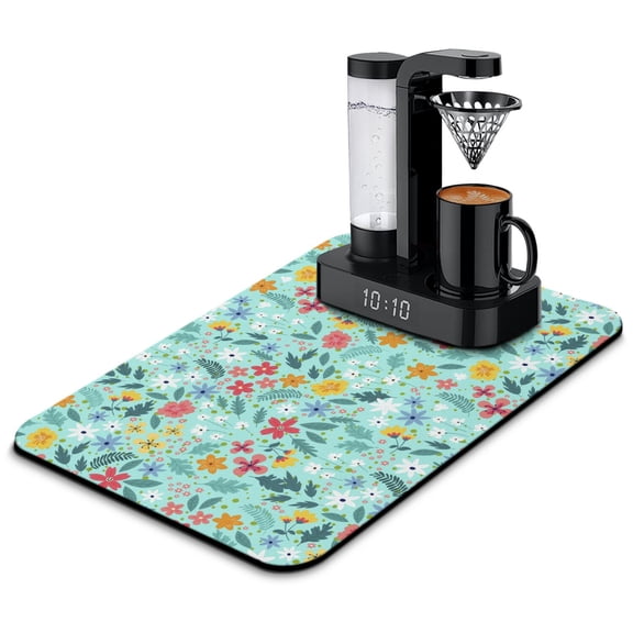 Floral and Leopard Print Dish Drying Mat, Absorbent Floral Coffee Bar Mat, Vintage Botanical Kitchen Counter Protector