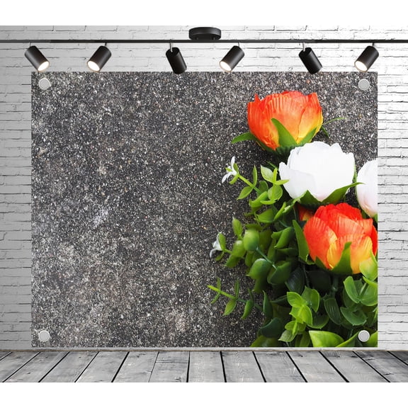 Floral and Stone Photo Backdrop | Polyester Fabric Banner Decorative Curtains for Theme Party Wedding Birthday Baby Shower Studio Props