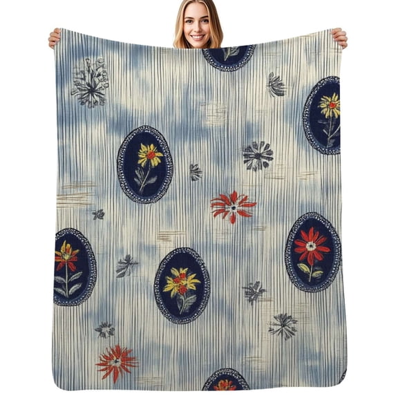 Floral blue textile pattern design Flannel Blanket Warm Soft Bedding Throws Winter Camping Chair Sofa Bed