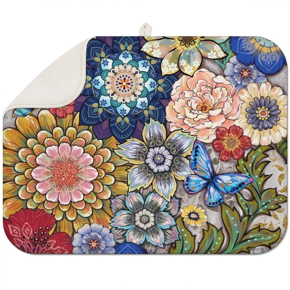 Floral boho kitchen drying mat 18x24 Inch with thick microfiber, washable and decorative, fits under pots and pans