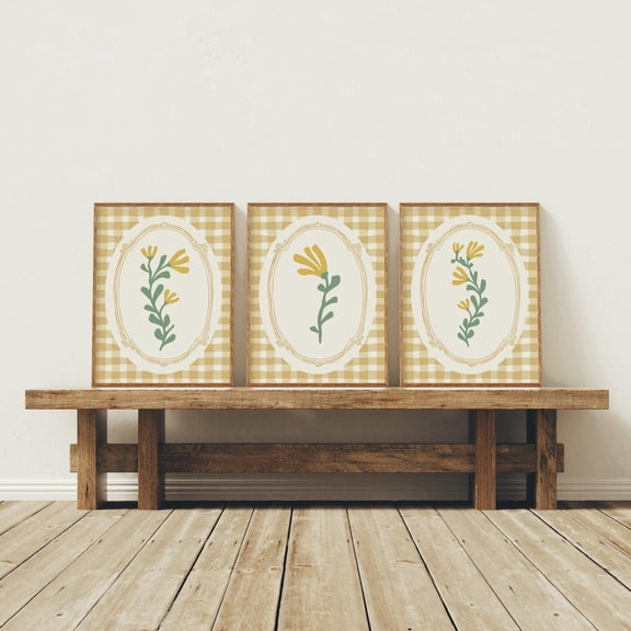 Floral cottagecore prints Yellow Gingham wall art Floral wall art Yellow flower Set 3 Stretched Canvas 16x24