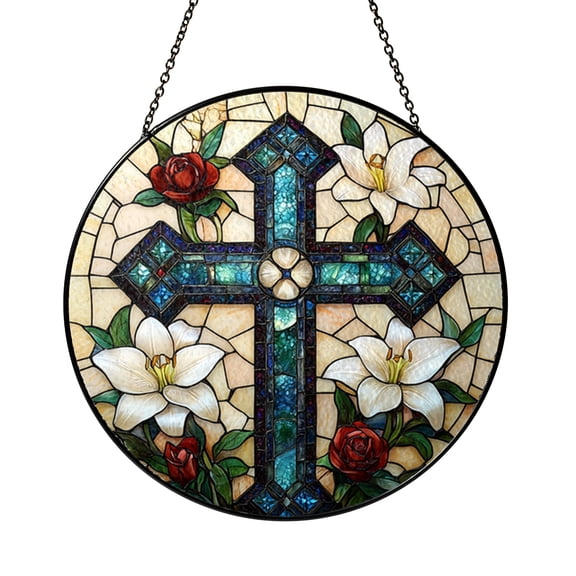 Floral cross stained glass window ornament, graceful faith inspired hanging decor for home or memorial spaces