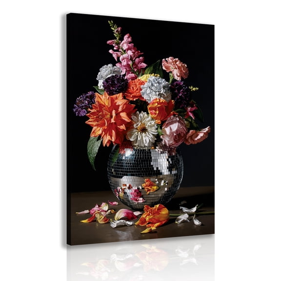 Floral disco ball canvas framed decorative painting, vintage still life print, wildflower bouquet, ultra-cool art poster print, wildflower bouquet, living room and bedroom, home decor.