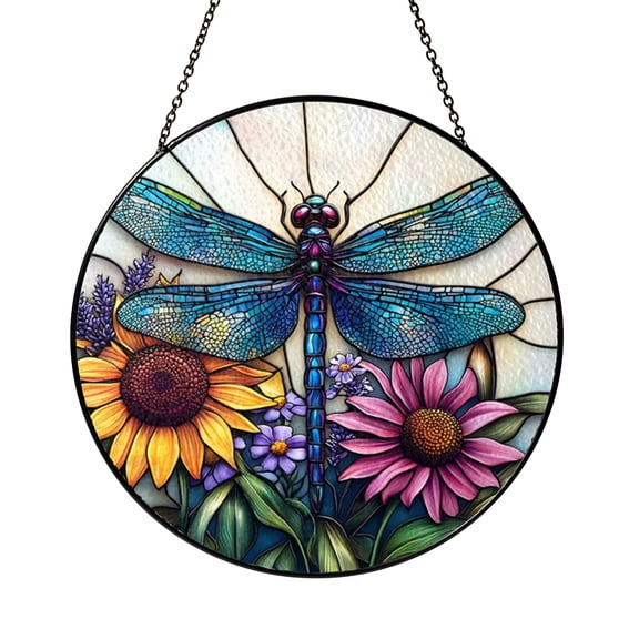 Floral dragonfly window hanging, handcrafted stained style decor for home