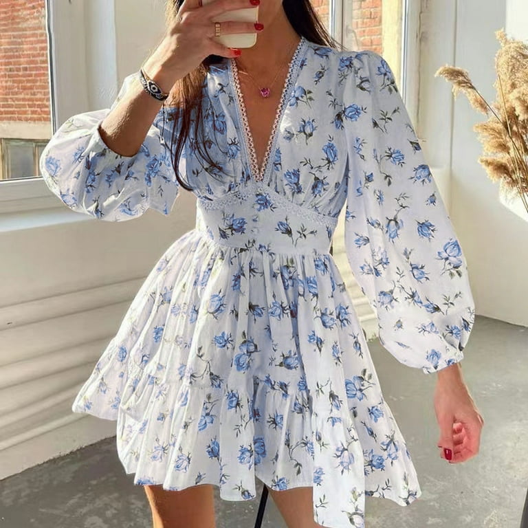 Floral dress for women Spring Summer Deep V Neck Ruffle Floral Flowy Mini Dress Walmart