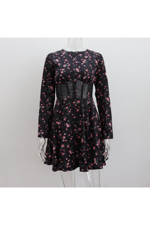 Floral dress in European and American style, new model, round neck, long sleeves, summer sexy mesh hollow-out patchwork printed short dress for women