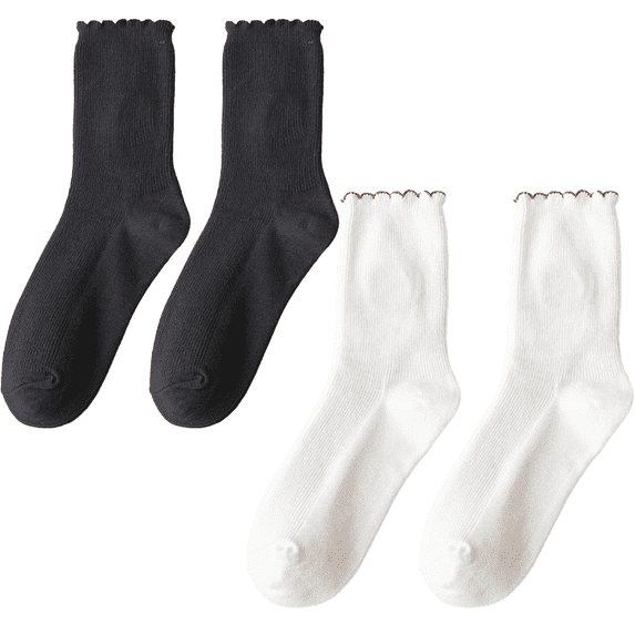 Floral embroidered toe joint soft round socks - black + white