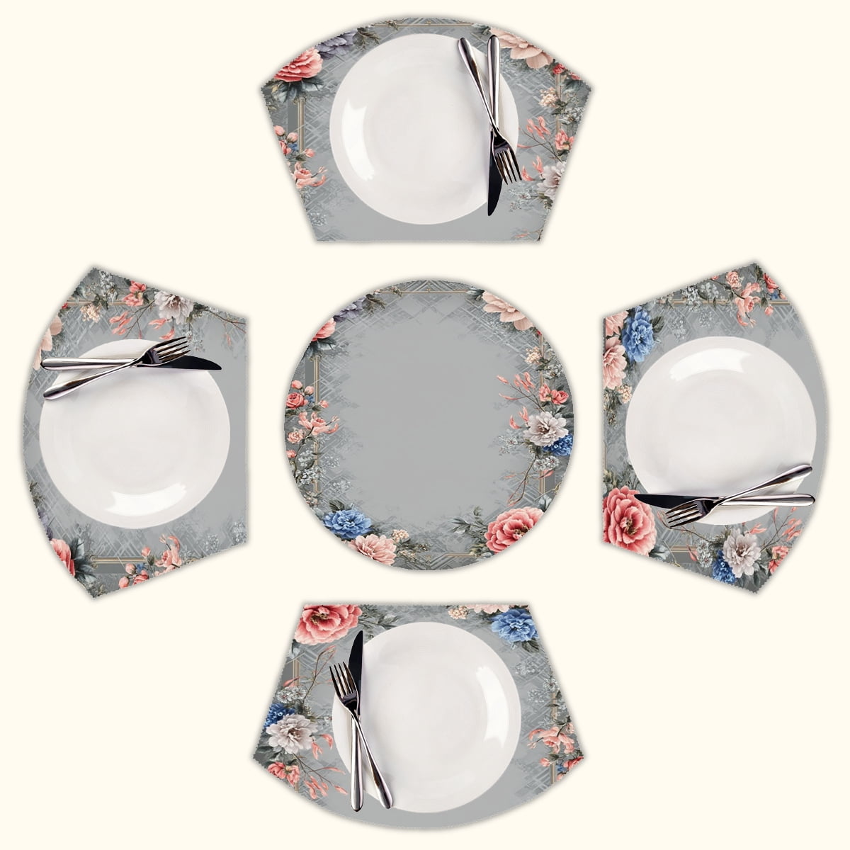 Floral frame gray background elegant Round Table Placemats Set Of 5 ...