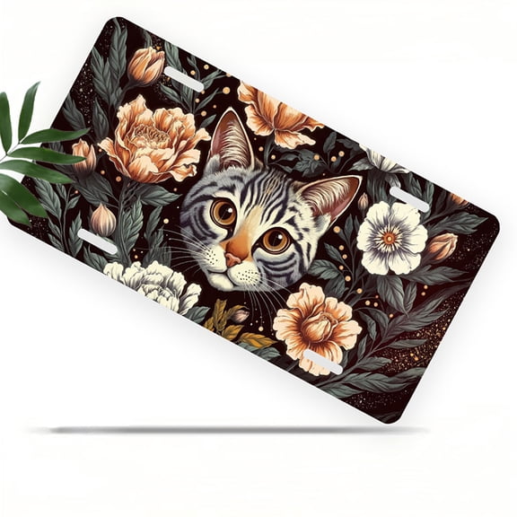 Floral framed Cat Funny Personalized License Plate Rust-proof Stainless Steel Metal License Plate Suitable For Men And Women 12.2" x 6.2"