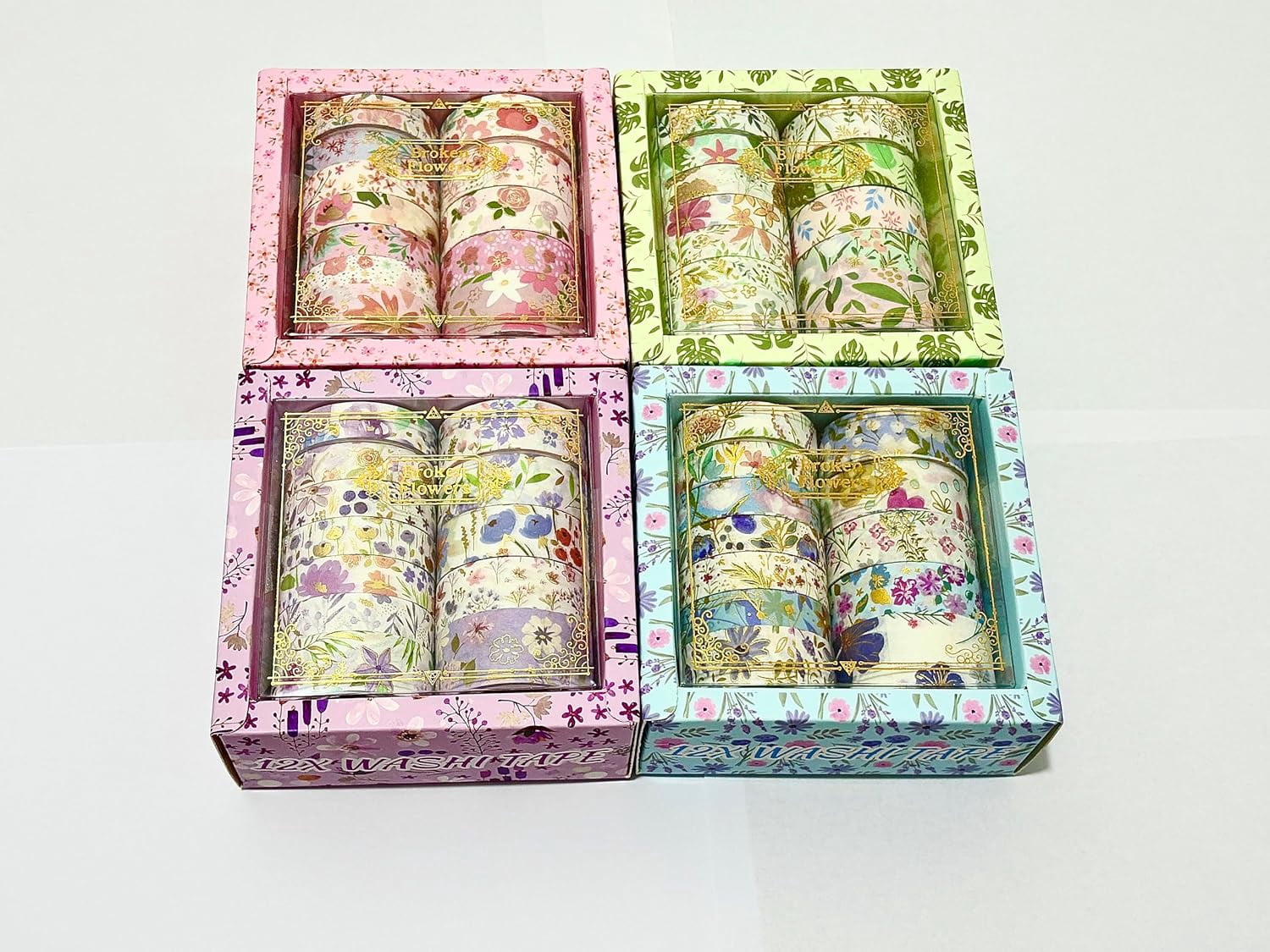 Floral gold foil decorative washi tape set, 48 rolls, multicolored handcrafted tape suitable for diaries, crafts, scrapbooking (pink + purple + green + blue)
