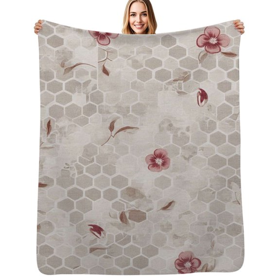Floral hexagon beige pattern Flannel Blanket Warm Soft Bedding Throws Winter Camping Chair Sofa Bed