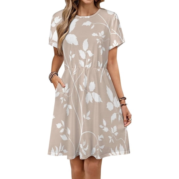 Floral in Natural Farmhouse Style with Cute Simple Branches, Flowers, Leaves Dress Fashion Beach Short Sleeve Dresses Female Party Printed Sundress