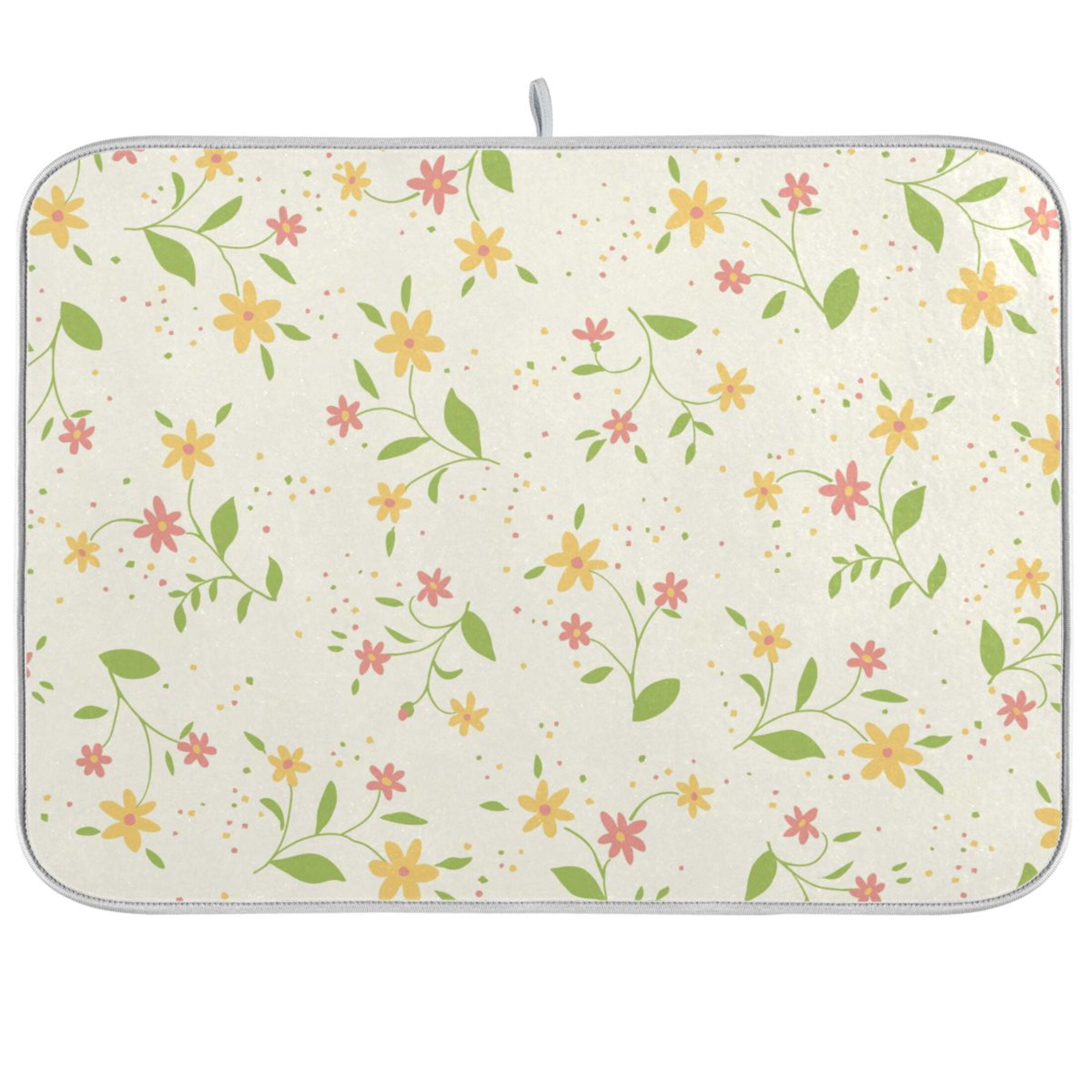 Floral in Yellow Dish Drying Mat Microfiber Kitchen Pad Large Counter ...