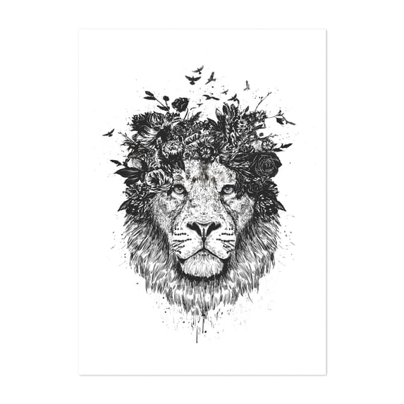Floral lion (bw) - Illustration Animal Floral Black and White Wildlife Line Art Nature Unframed Wall Art Print 24 x 32 inches