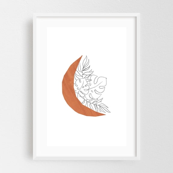 Floral moon - Mixed Media Moon Monstera Botanical Minimalist Line Art Boho Sketch White Framed Wall Art Print 24 x 36 inches