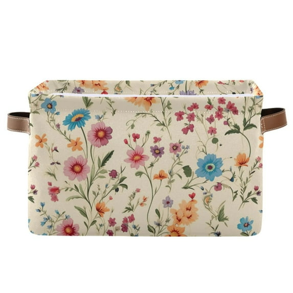 Floral on Beige Storage Basket Large Foldable Storage Bin Laundry Baskets Toys Box Book Foldable Organizer Bag 14.2x10.2x8.3 Inches 1 PC