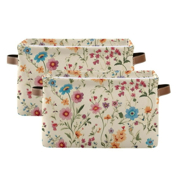 Floral on Beige Storage Basket Large Foldable Storage Bin Laundry Baskets Toys Box Book Foldable Organizer Bag 14.2x10.2x8.3 Inches 2 PCs