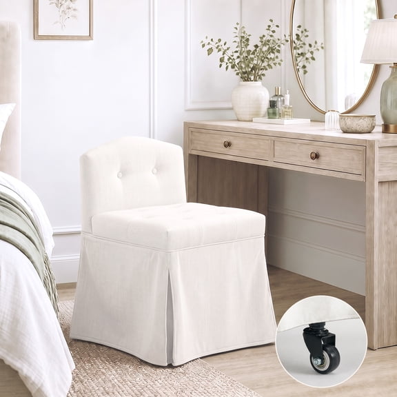 Floral or Solid Vanity Chair with Thick Padded Seat, Armless Upholstered Makeup Chair with Hidden Casters for Bedroom Dressing Room