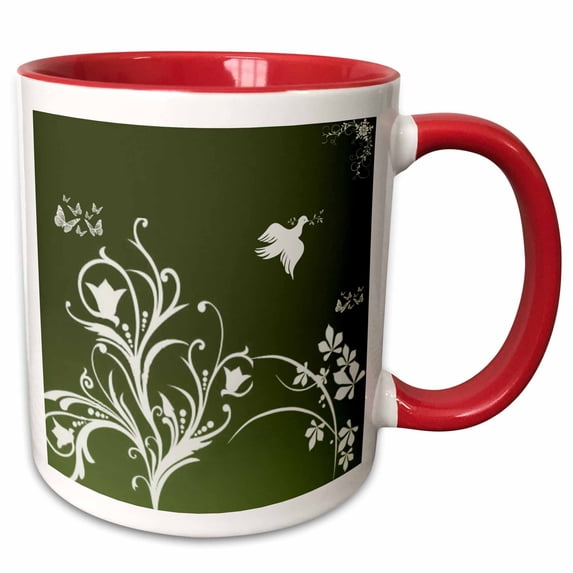 Floral pattern in white on a dark green to green gradient background with dove and butterflies. 15oz Two-Tone Red Mug mug-36121-10