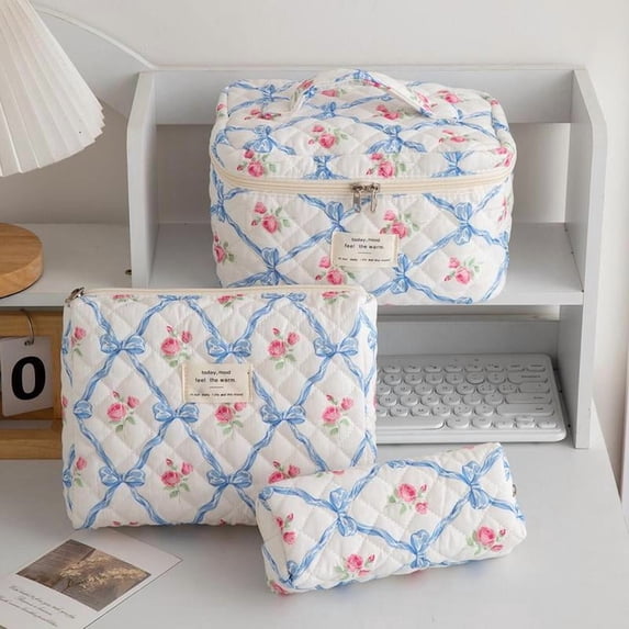 Floral pattern quilted cosmetic bag set, 3-pack travel cosmetic bags, portable zippered cosmetic storage bags, suitable for skin care products, lotions, face creams, lip balms, eyeliners, makeup tool