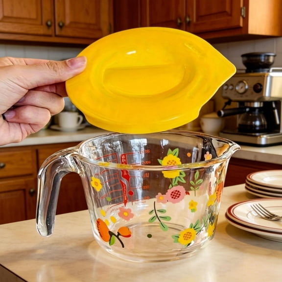 Floral patterned glass measuring cup with lid, heat resistant, perfect for baking, cooking, and serving breakfast milk/cold drinks. Features a handle and graduated markings. Vibrant floral pattern