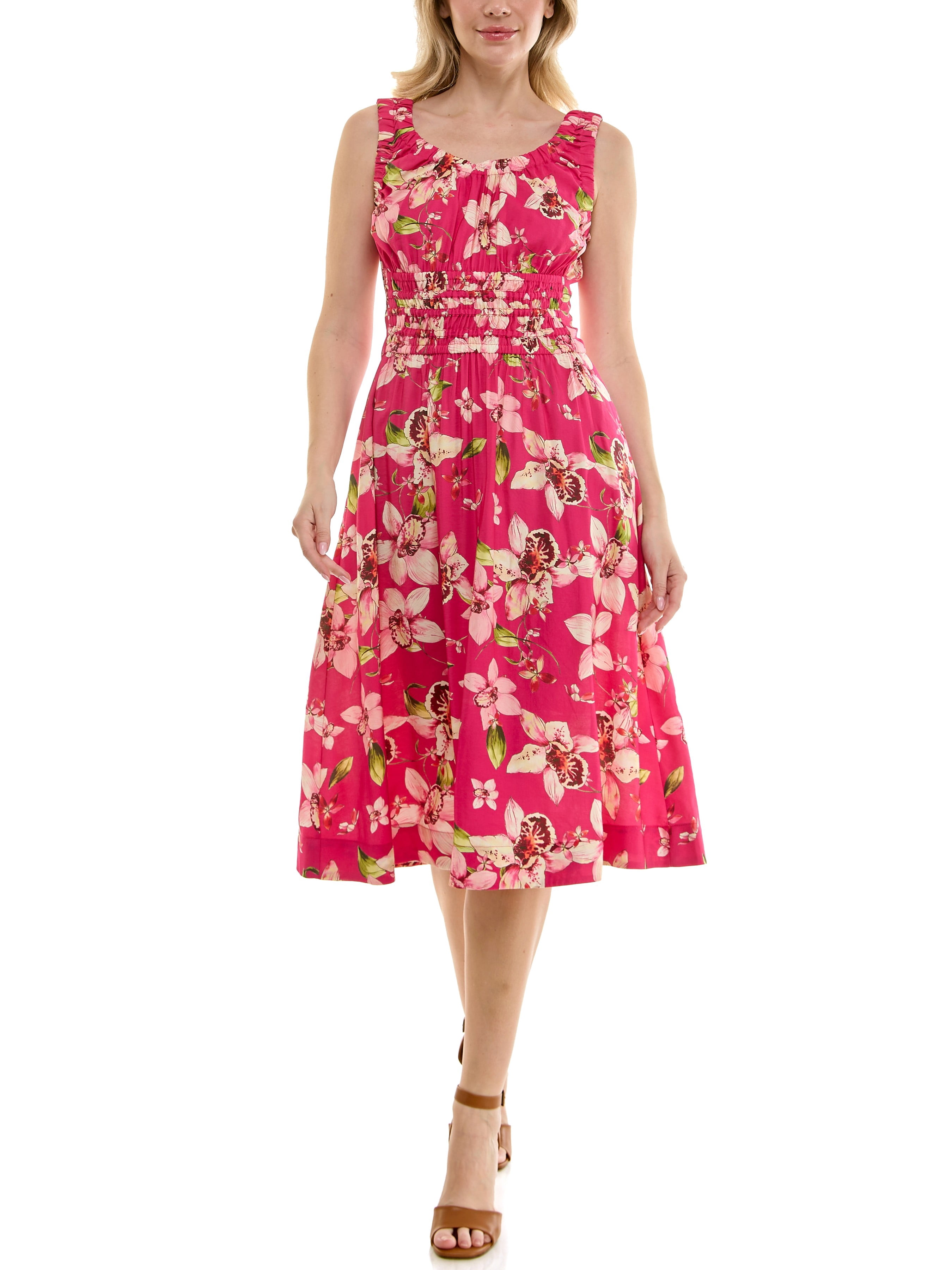 print dress Vibrant Fuchsia Pink Mixed Finished with a stretchy smocked back and adjustable straps Avec Les Filles Women's Botanical-Print