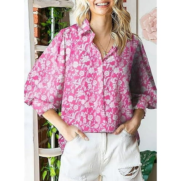 Floral print Long Sleeve Casual Shirt (L, MultiPink)